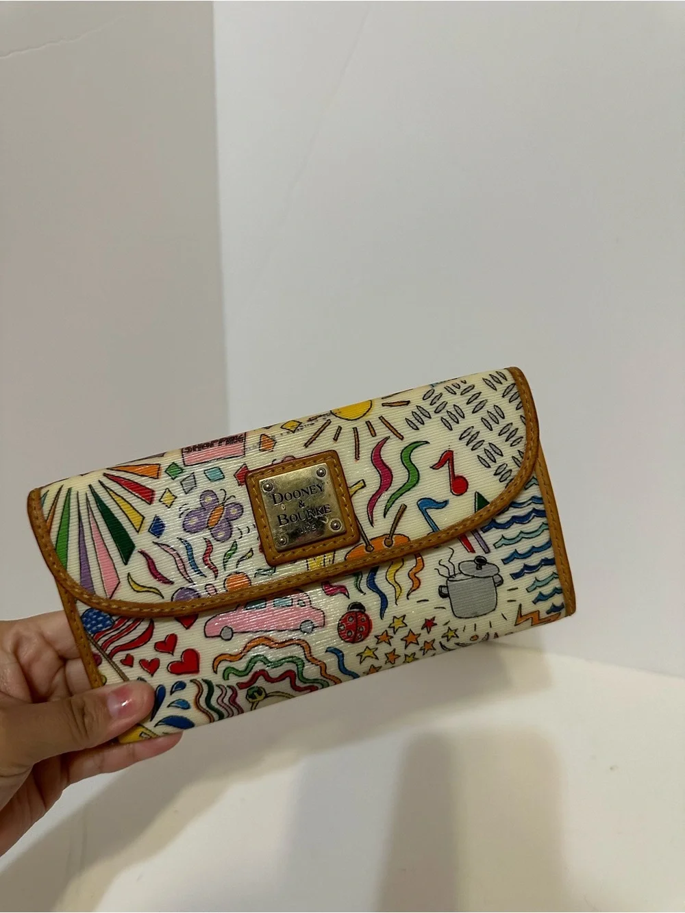 Dooney & Bourke White Multicolor Doodle Continental Wallet with Tan Trim - Picture 1 of 10